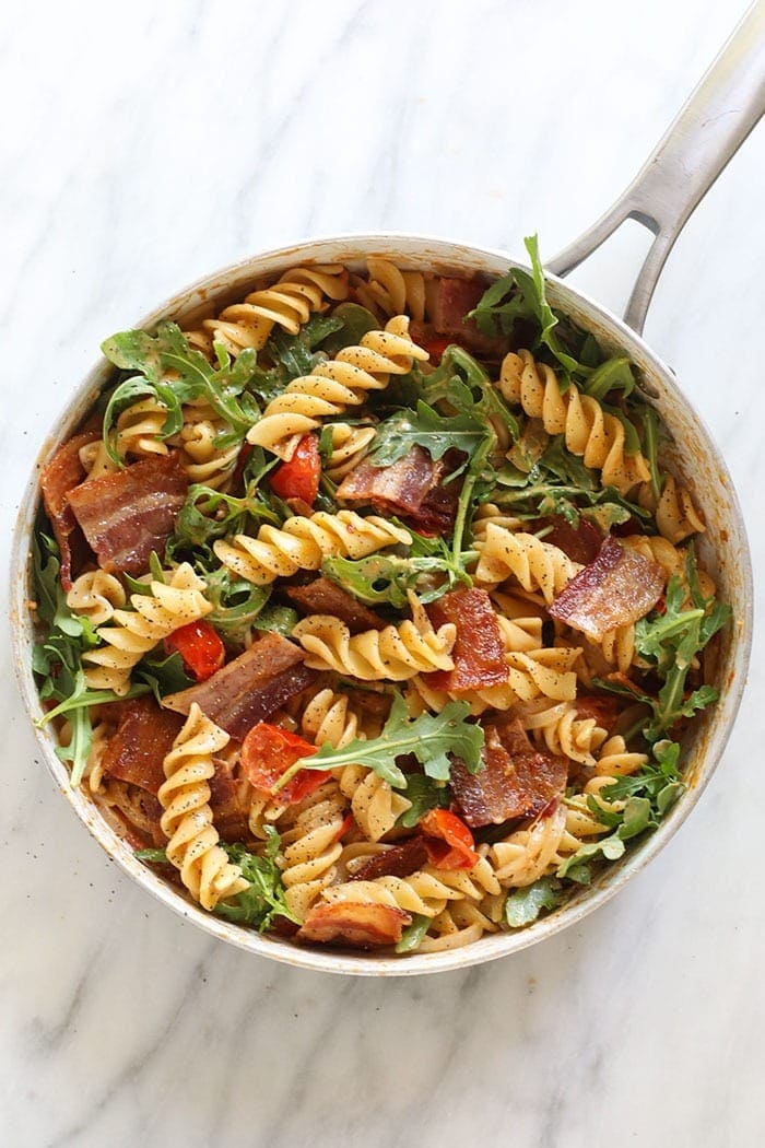 BLT pasta in a skillet ready to be served