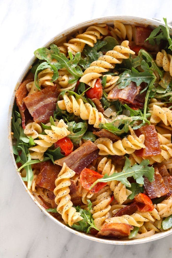 healthy BLT pasta in a skillet