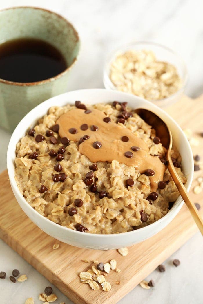 oatmeal with cashew butter and chocolate chips in bowl