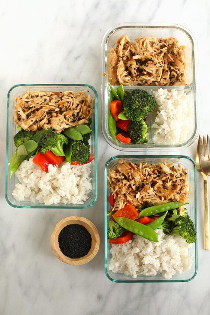 teriyaki chicken bowls in meal prep containers 