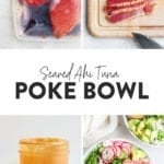 Four pictures of an ahi poke bowl featuring seared tuna.