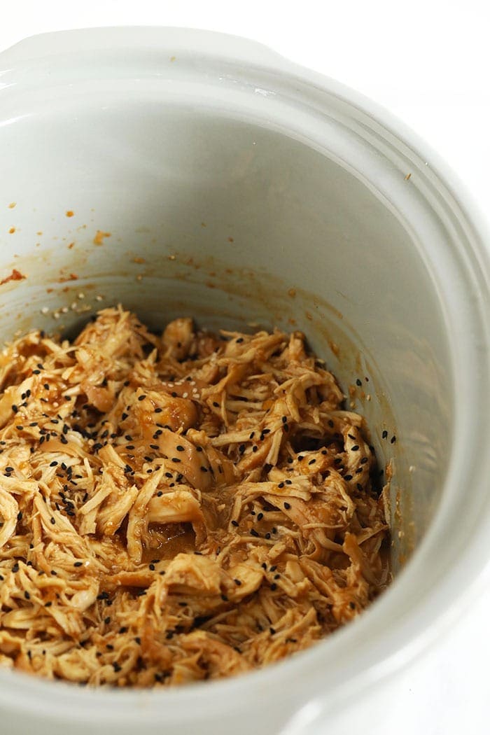 shredded teriyaki chicken in slow cooker