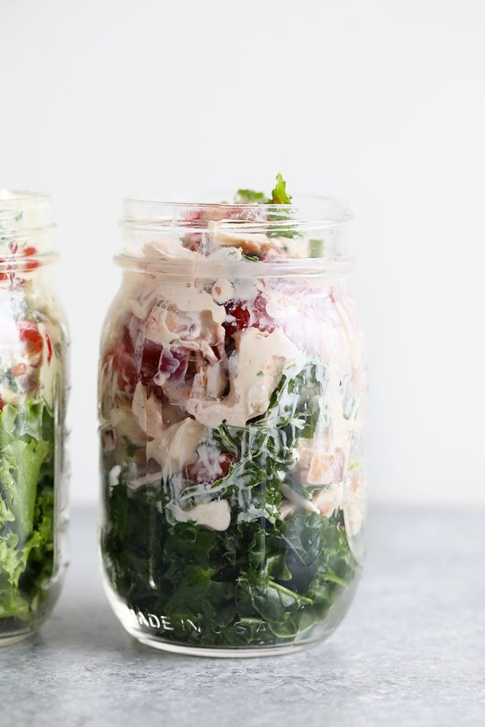 healthy BLT chicken salad in a mason jar