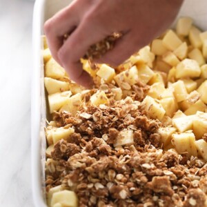 a person assembling an Apple crisp recipe.