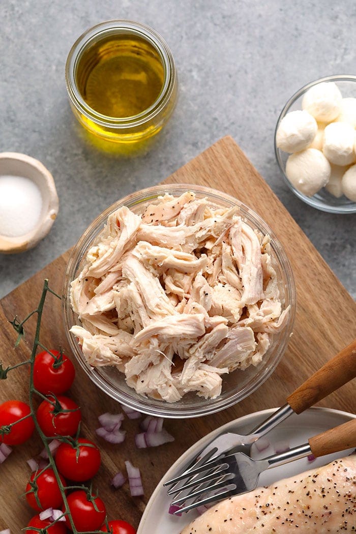 Shredded chicken in a bowl.