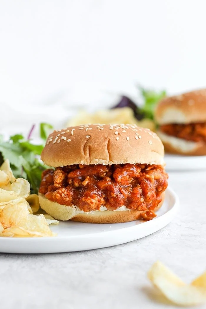 healthy sloppy joe on a bun with chips