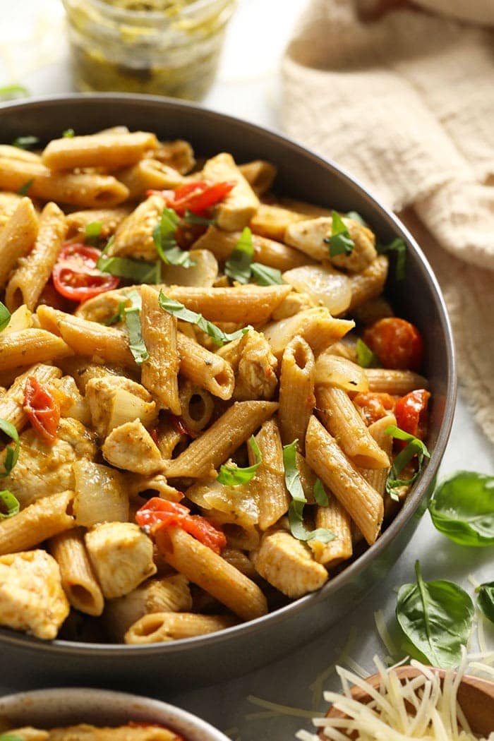 pesto chicken pasta in a bowl