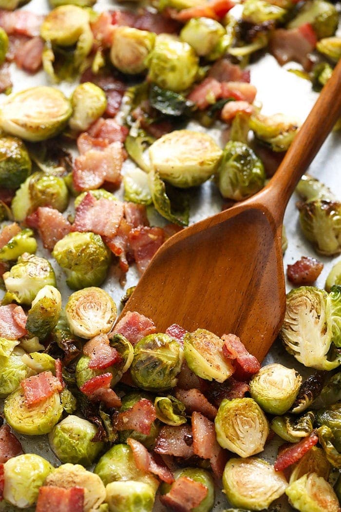 roasted brussels sprouts with bacon on sheet pan