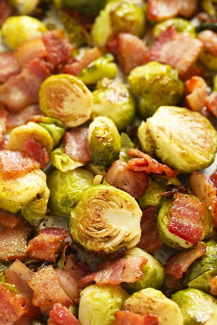 golden brown brussels spouts with bacon