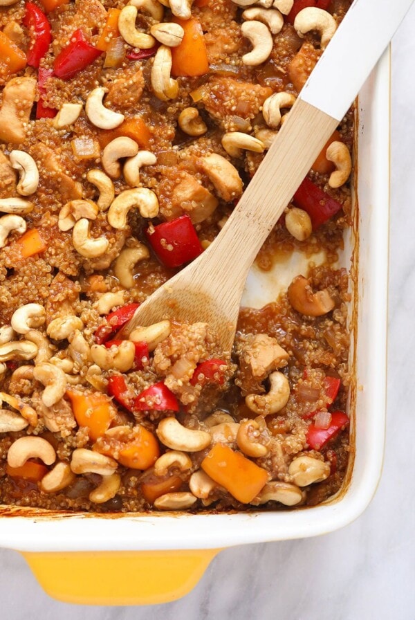 Cashew chicken casserole in a white dish.