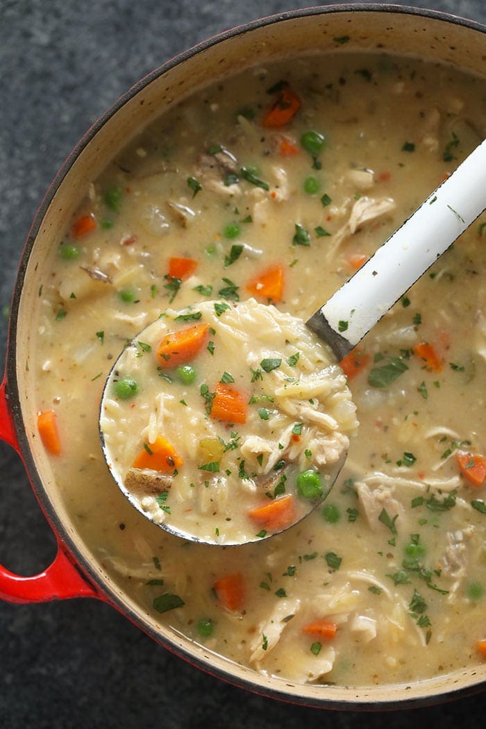 creamy chicken noodle soup in pot