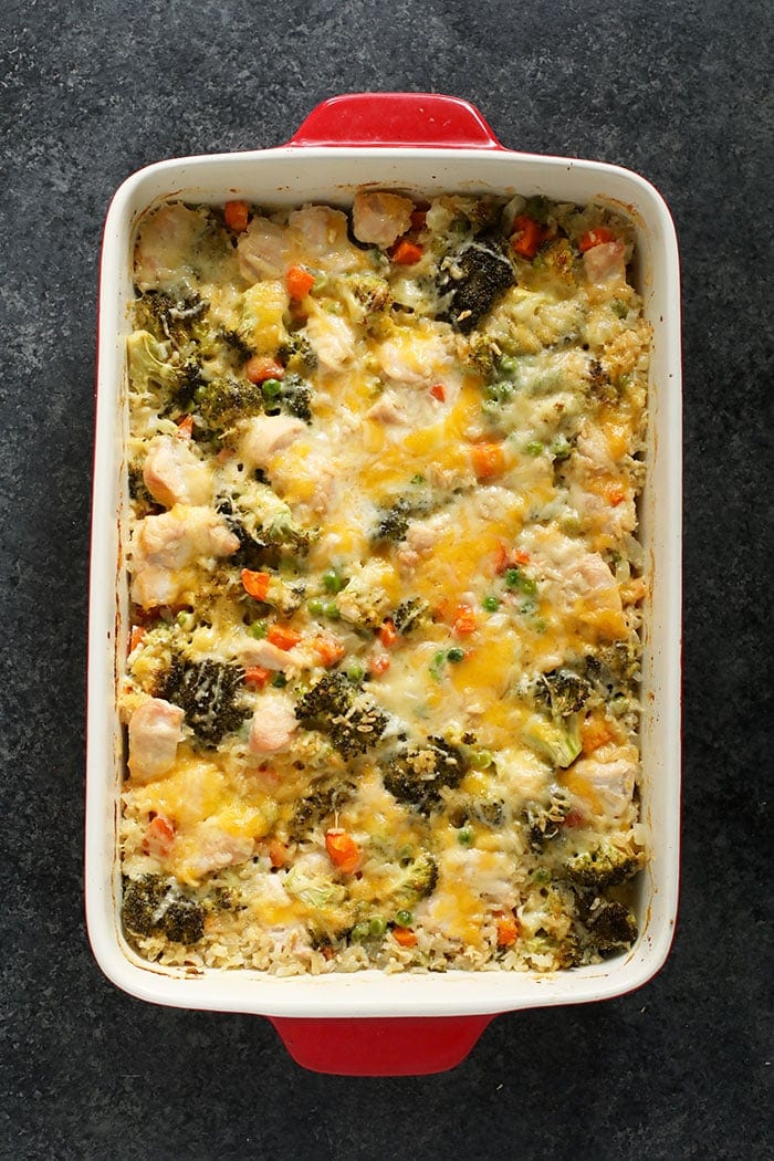 chicken and rice casserole in red pan