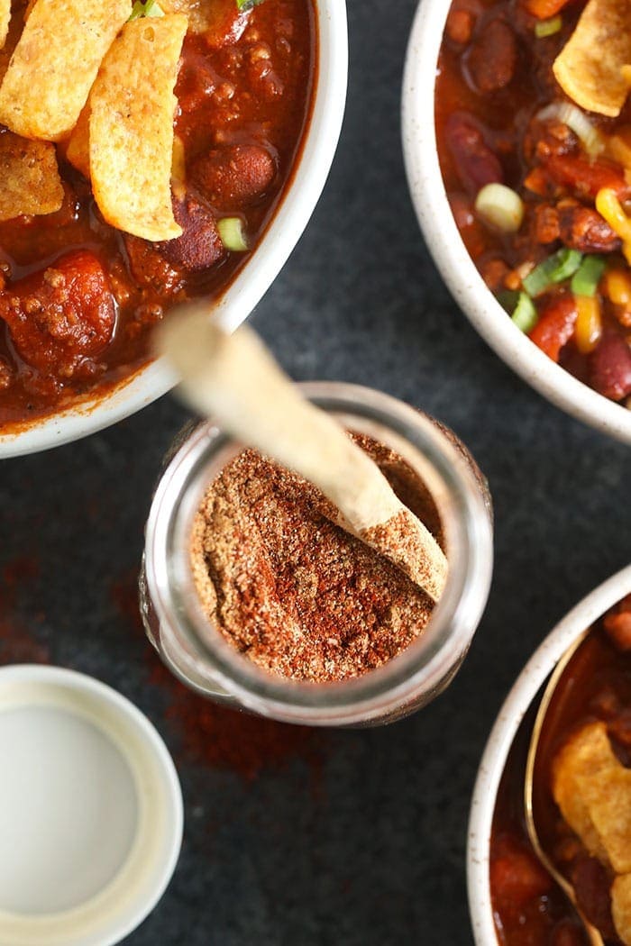 Homemade chili seasoning in a jar