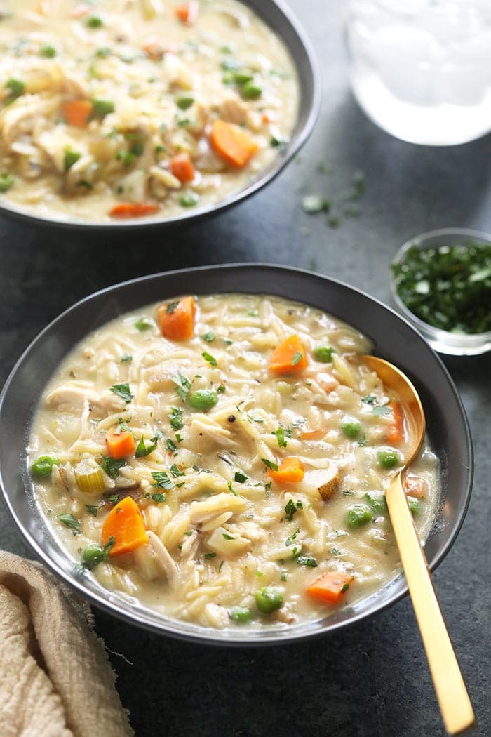 creamy chicken noodle soup in bowl