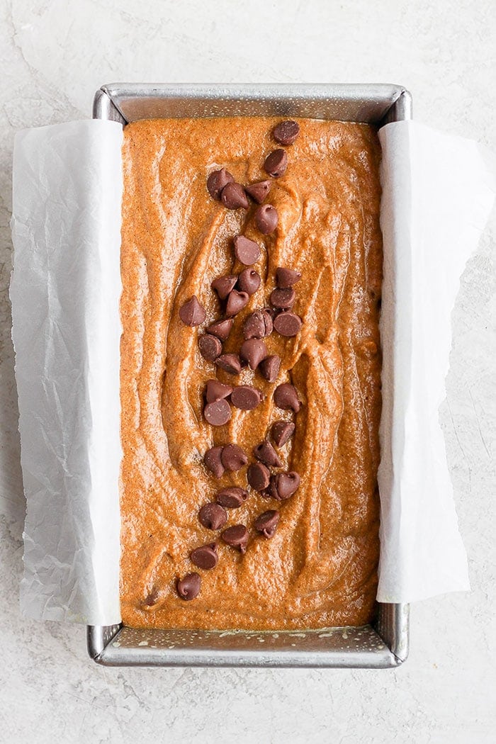 pumpkin bread in loaf pan.