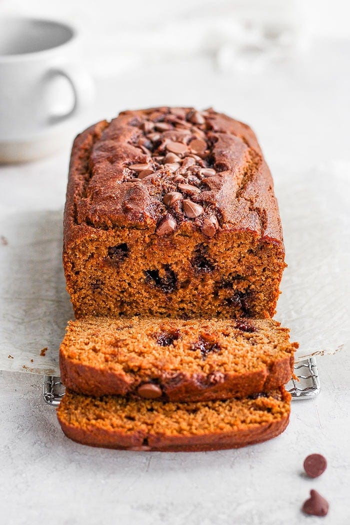 sliced pumpkin bread loaf.