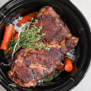 pork roast in cast iron skillet.