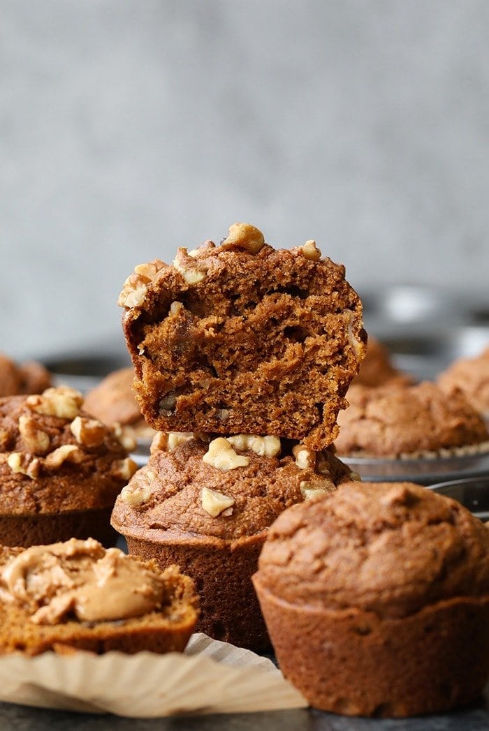 healthy pumpkin muffins stacked