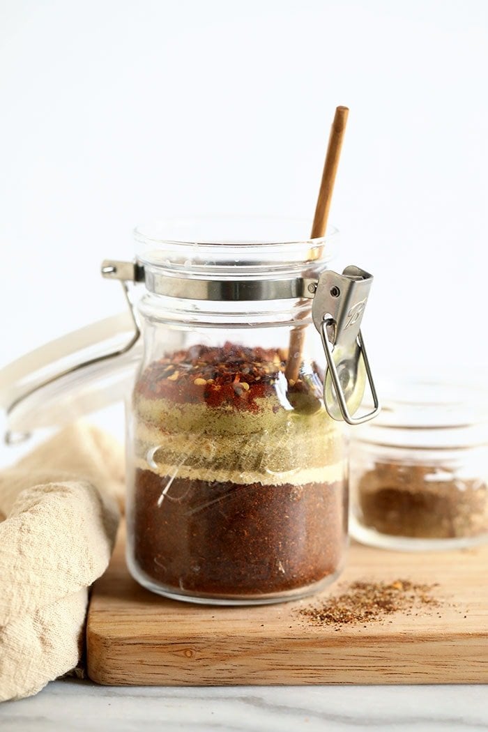 Homemade taco seasoning in a jar.