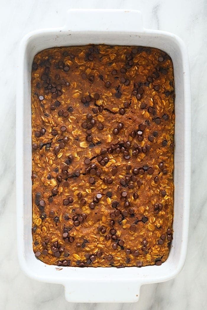 baked pumpkin oatmeal in casserole dish