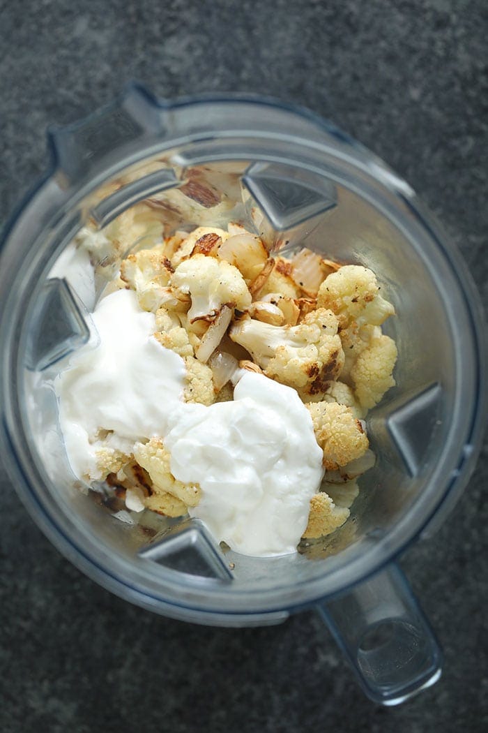 All the ingredients for cauliflower mash in a vitamix