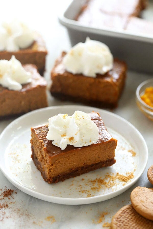 pumpkin cheesecake bar on a plate