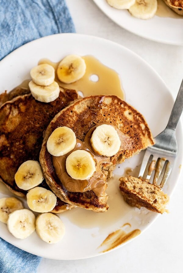 Plate of peanut butter banana pancakes.