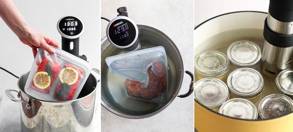 Three photos of sous vide cooking