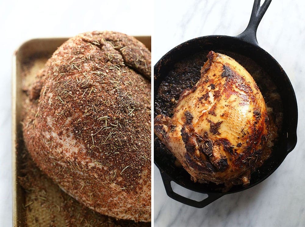 A turkey with dry rub and a turkey being seared in a cast iron skillet. 