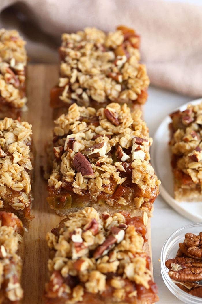 apple crumble bars on cutting board