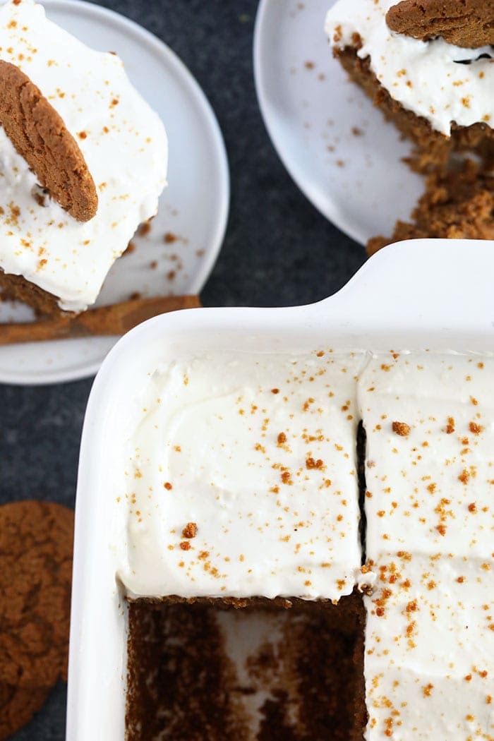 gingerbread topped with cream cheese frosting 