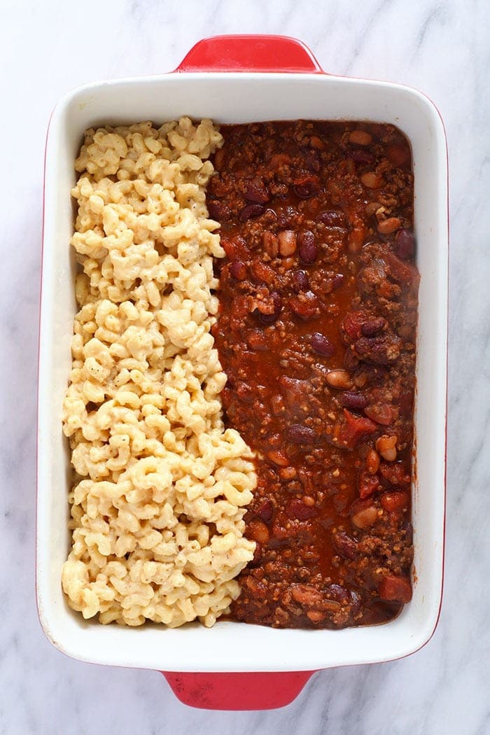 Chili mac in a casserole dish