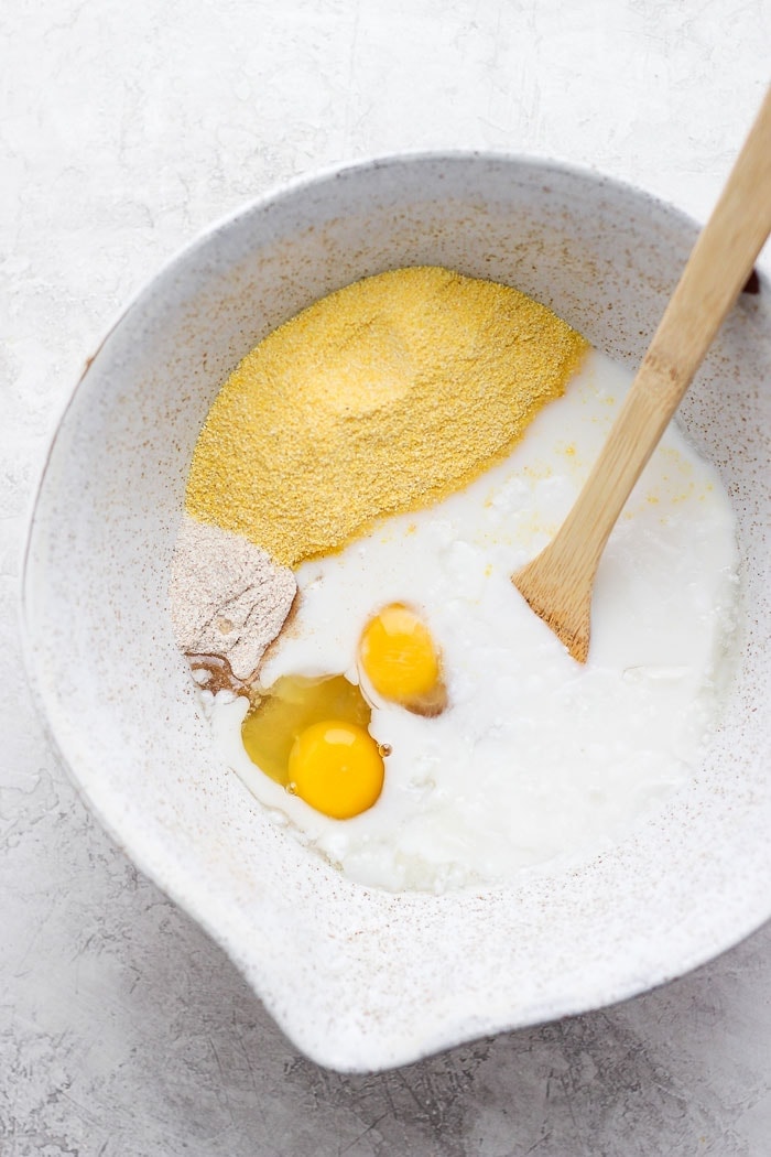 cornbread ingredients in mixing bowl