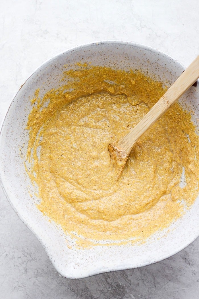 cornbread batter in mixing bowl