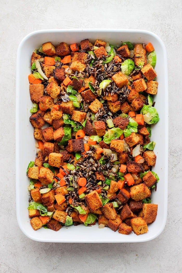 cornbread dressing in a casserole dish