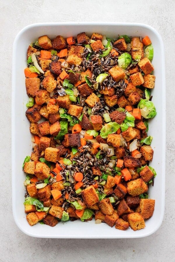 cornbread dressing in a casserole dish