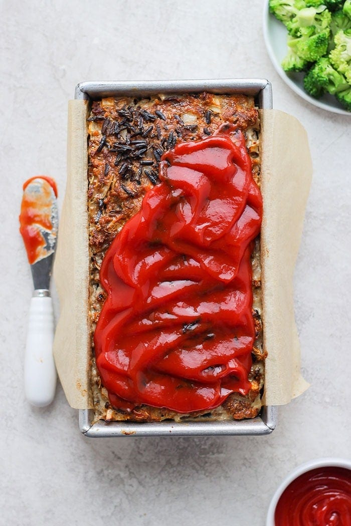 wild rice meatloaf in a loaf pan 