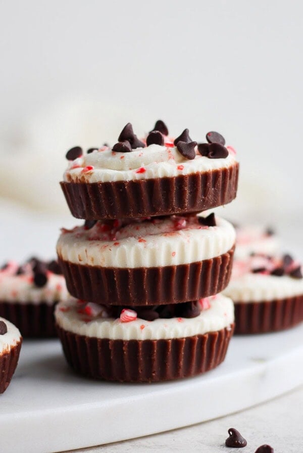 A stack of indulgent chocolate peppermint fat bombs.