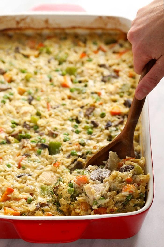 chicken pot pie casserole in casserole dish