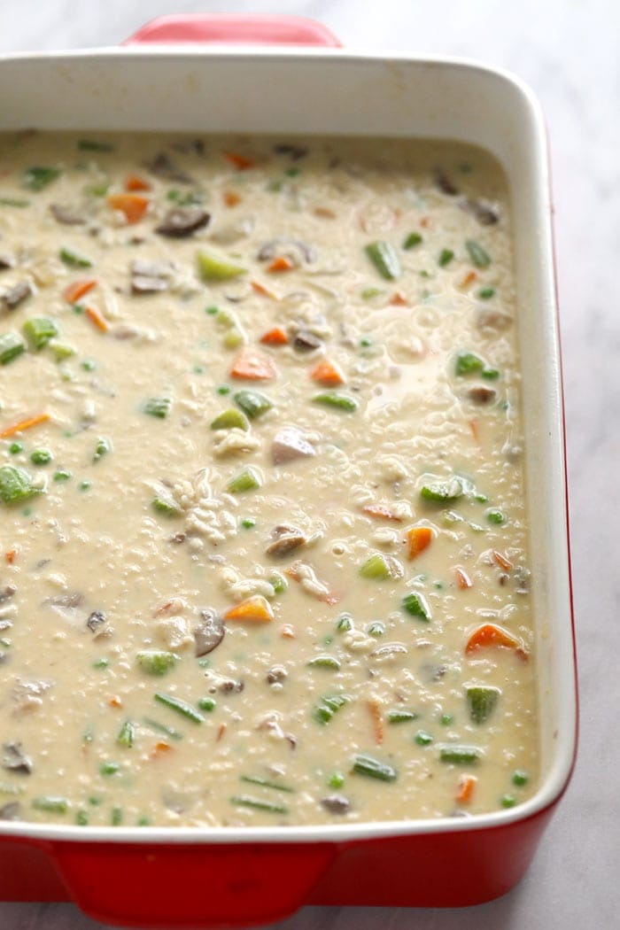 chicken pot pie casserole in dish