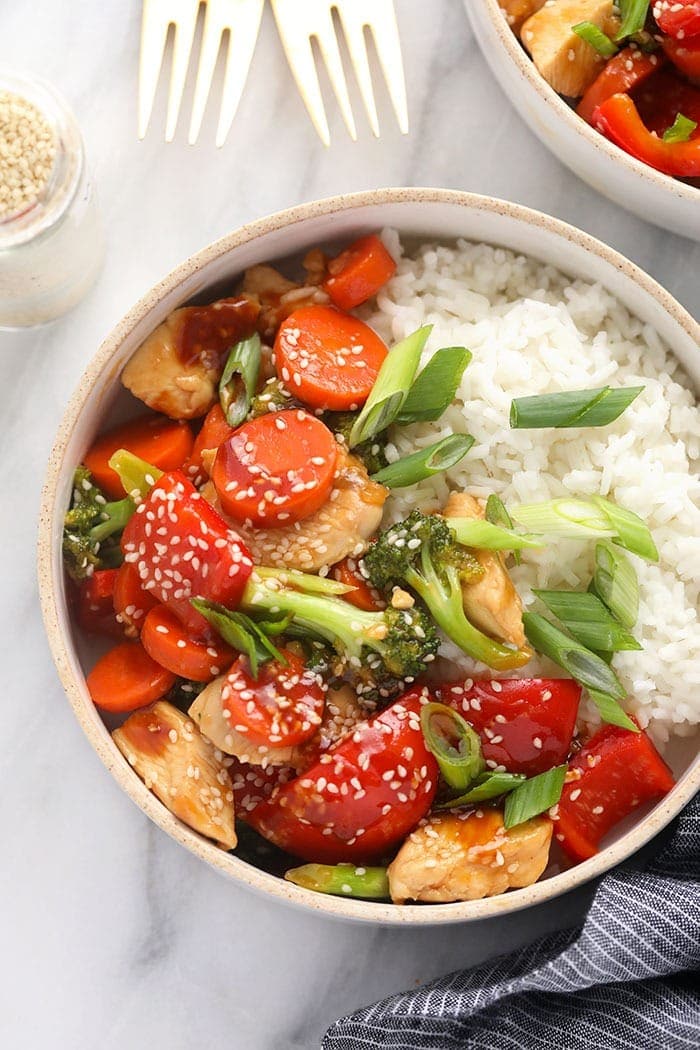 Chicken teriyaki and white rice in a bowl 