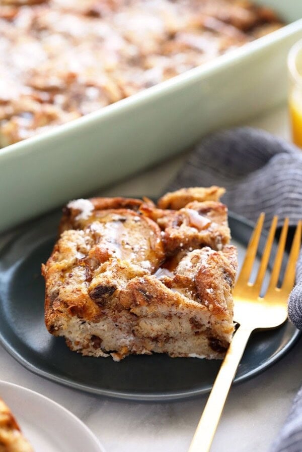 A french toast bake served with a fork.