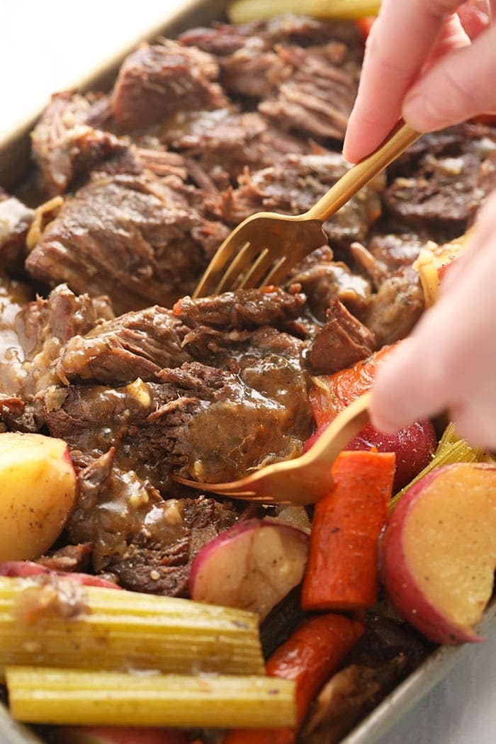 instant pot pot roast being shredded