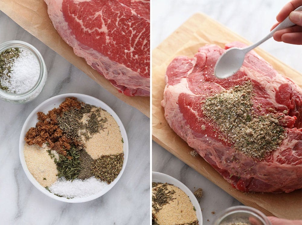 chuck roast being seasoned prior to cooking in the instant pot