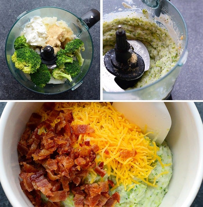 twice baked potatoes being prepped in a food processor 