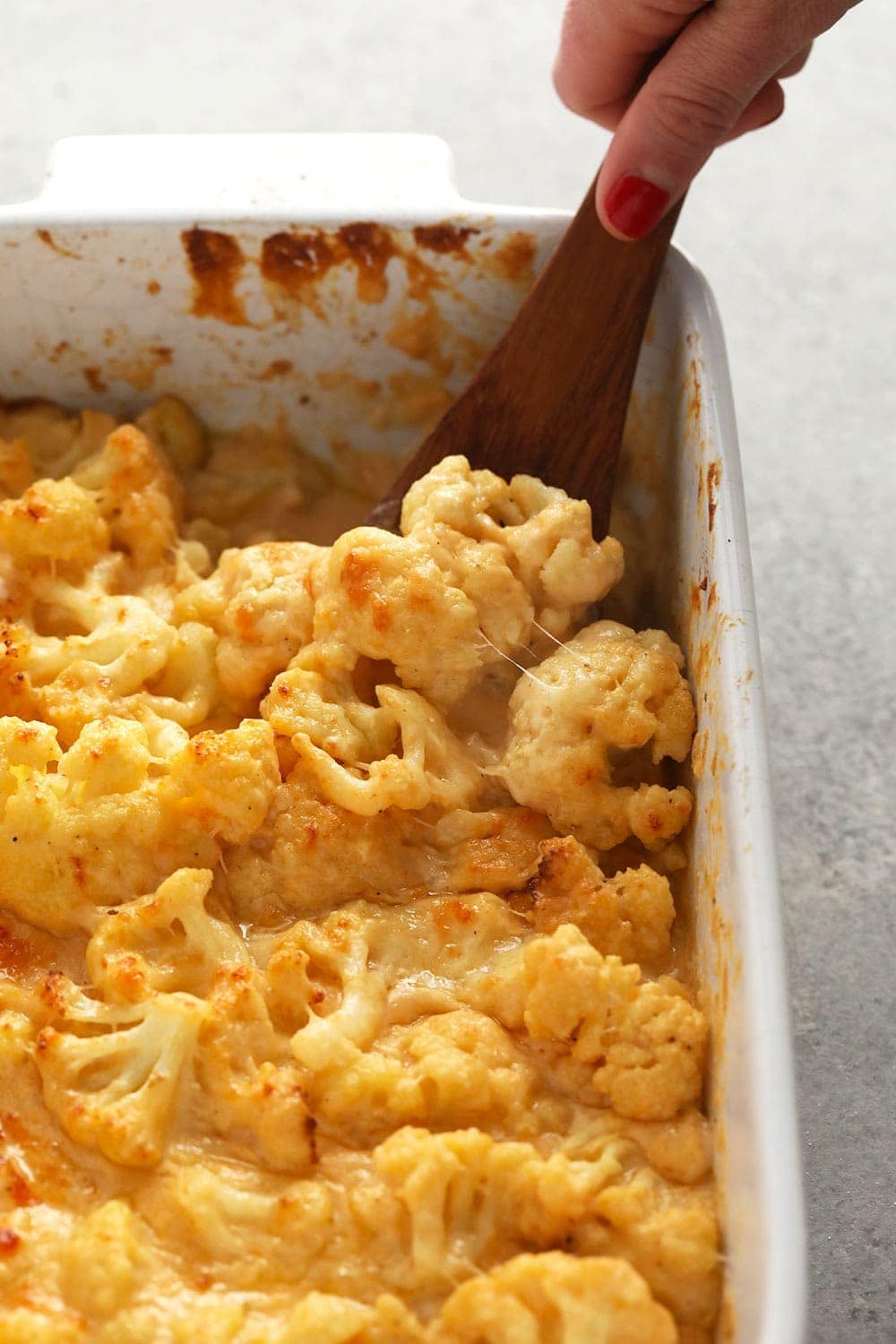 cauliflower mac and cheese in a casserole dish