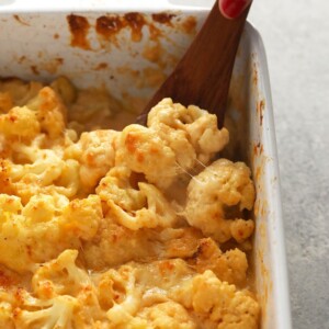 cauliflower mac and cheese in a casserole dish