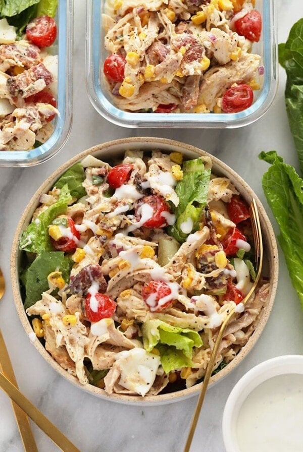 rotisserie chicken cobb salad in a bowl