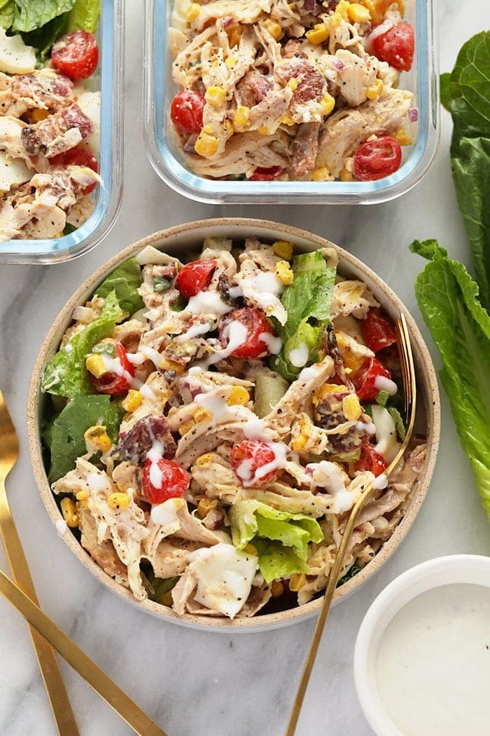 rotisserie chicken cob salad in a bowl ready to be eaten