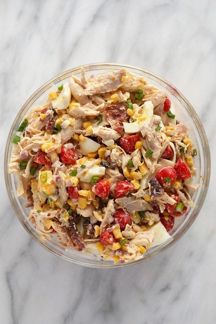 rotisserie chicken cobb salad in a bowl ready to be served